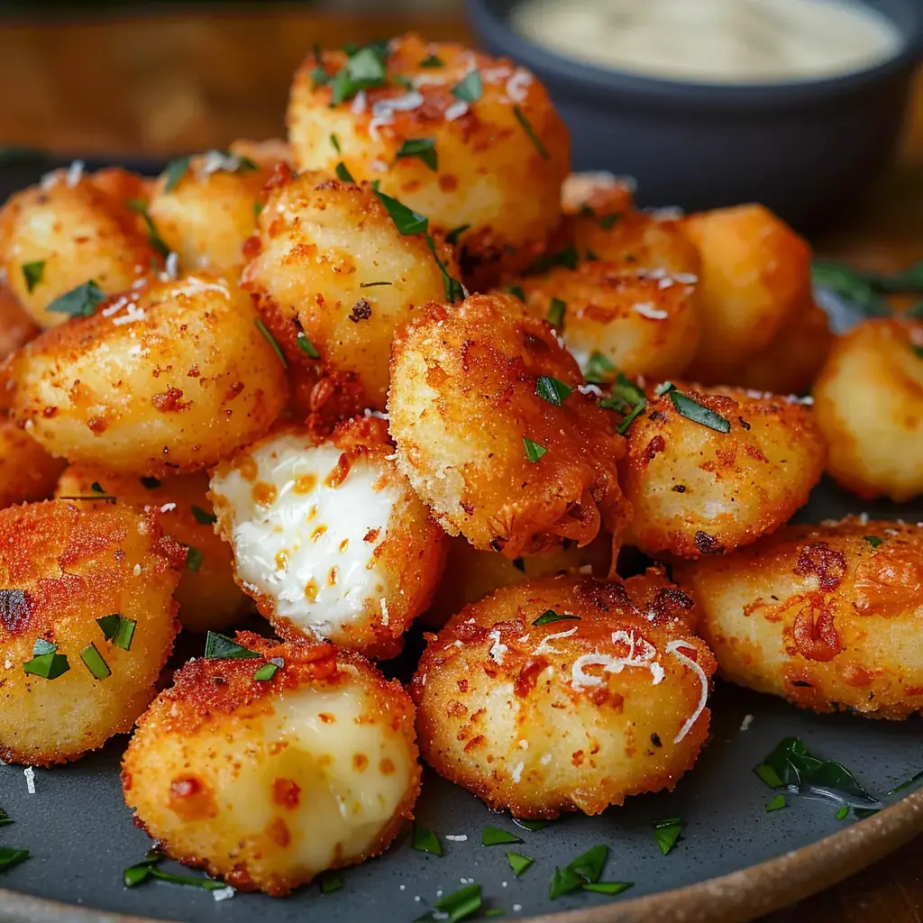 A plate of golden-brown, crispy fried cheese balls garnished with chopped green herbs, served with a small bowl of creamy dipping sauce in the background.