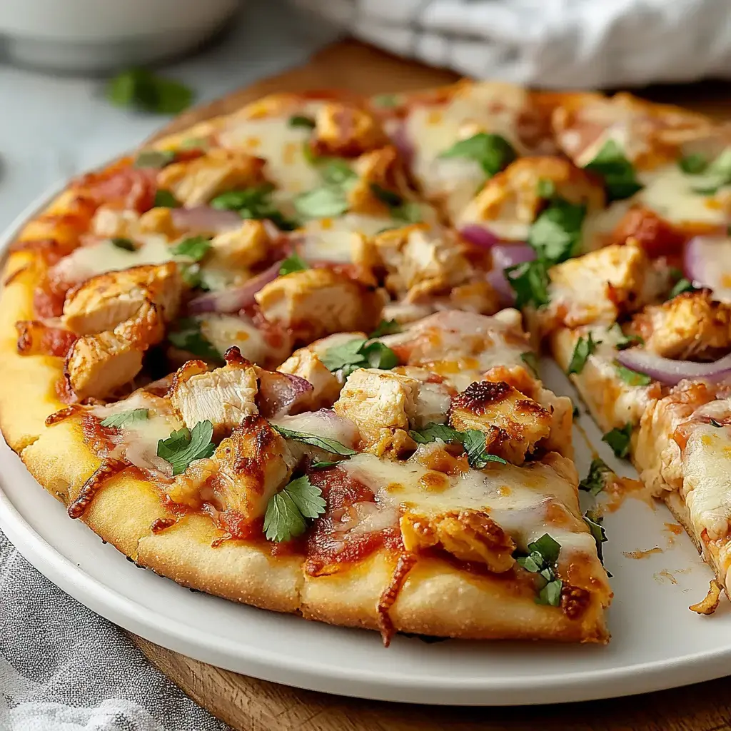 A close-up of a sliced pizza topped with grilled chicken, red onions, and fresh cilantro on a white plate.