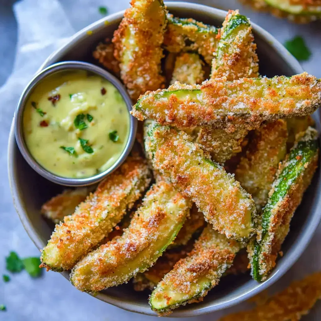 A bowl of crispy, breaded zucchini fries served with a side of creamy dipping sauce.