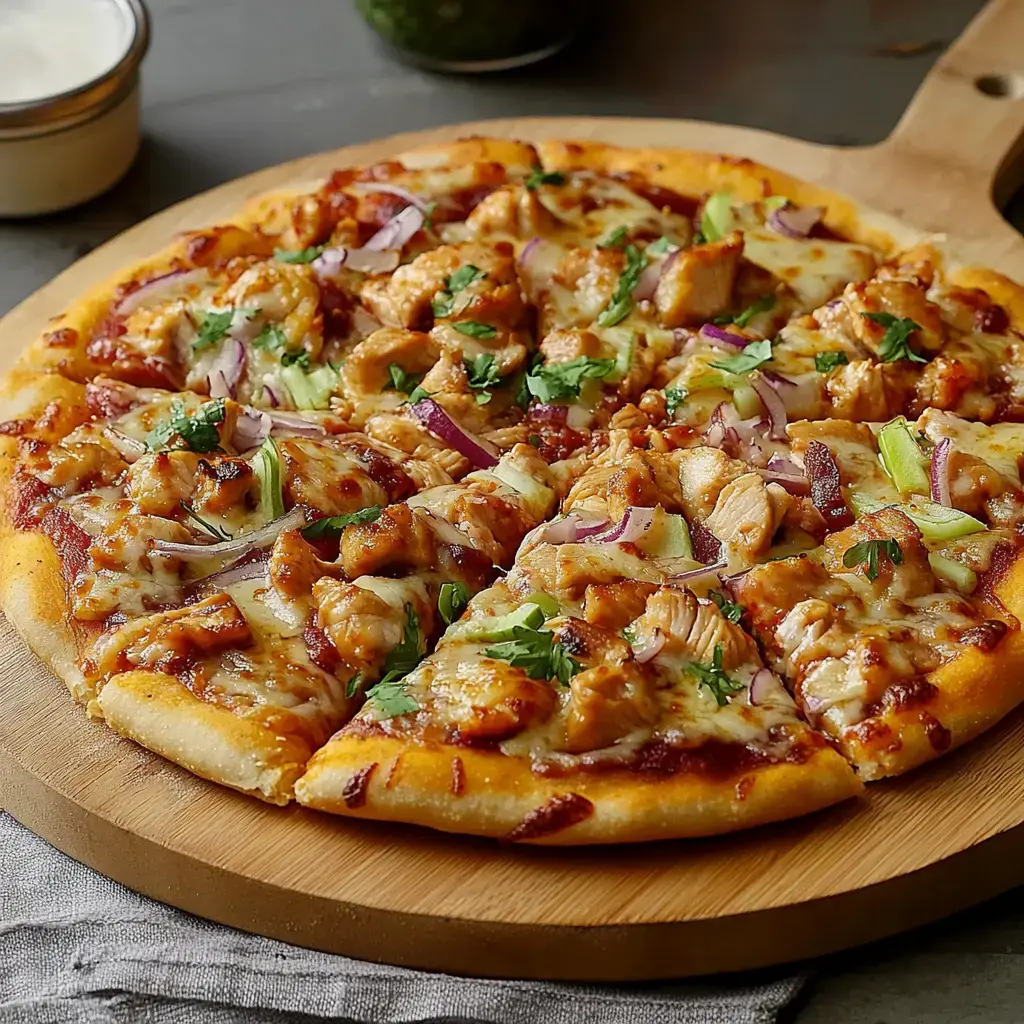 A freshly baked pizza topped with grilled chicken, red onions, and herbs, served on a wooden board.