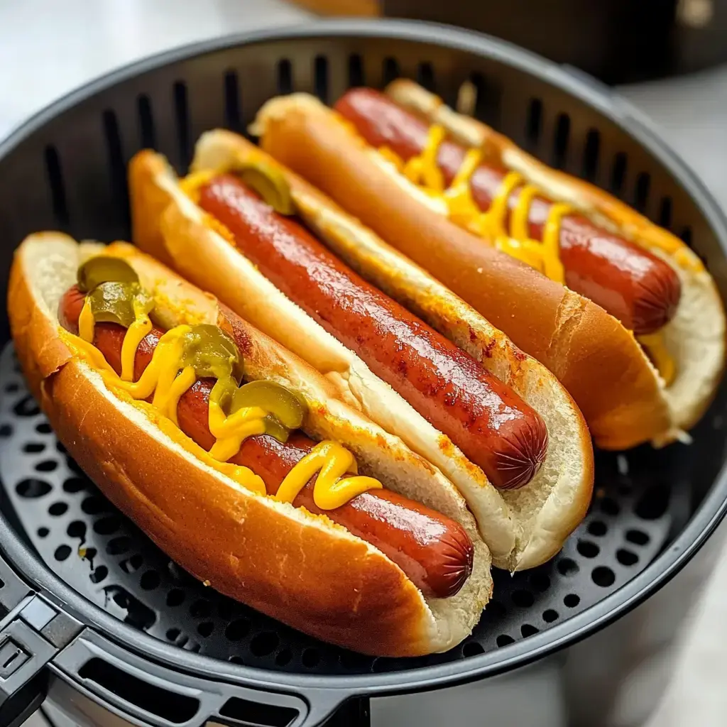 Three hot dogs in soft buns topped with mustard and pickles, arranged in a black air fryer basket.