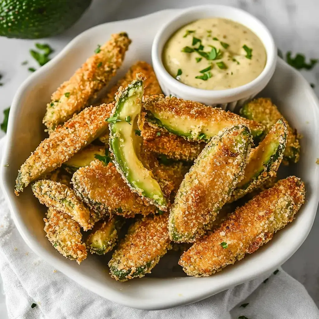 A bowl of crispy, breaded avocado slices is served with a creamy dipping sauce.