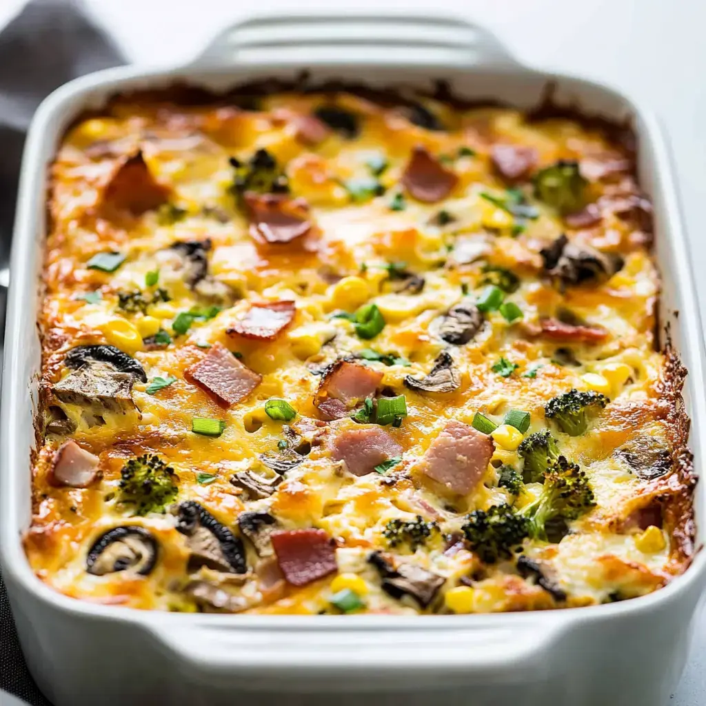 A baked casserole topped with melted cheese, featuring ingredients like ham, broccoli, mushrooms, corn, and green onions.