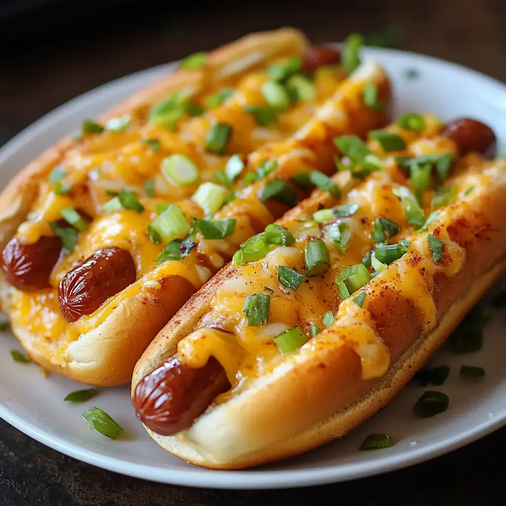 A close-up of two loaded hot dogs topped with melted cheese and chopped green onions on a white plate.