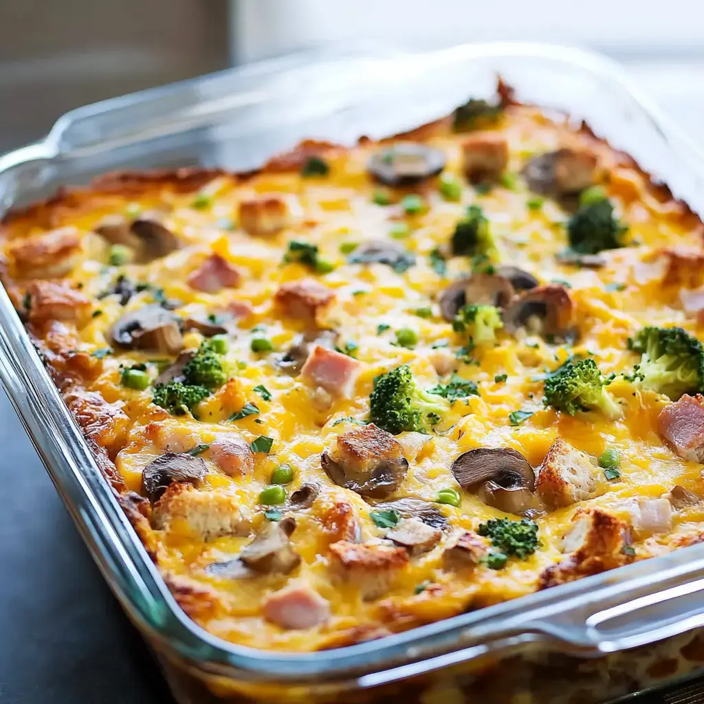 A baked casserole featuring layers of bread, cheese, broccoli, mushrooms, and diced meat, topped with green herbs.