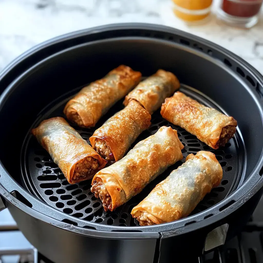 A tray of golden-brown spring rolls is arranged in an air fryer basket.