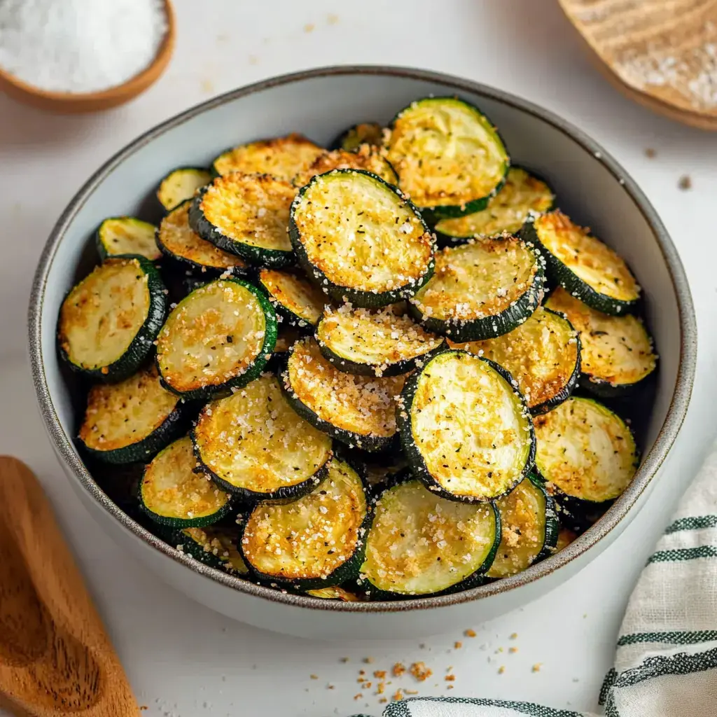 A bowl of golden-brown, seasoned zucchini slices is displayed, garnished with a sprinkle of salt, accompanied by a wooden spoon and a cloth napkin.