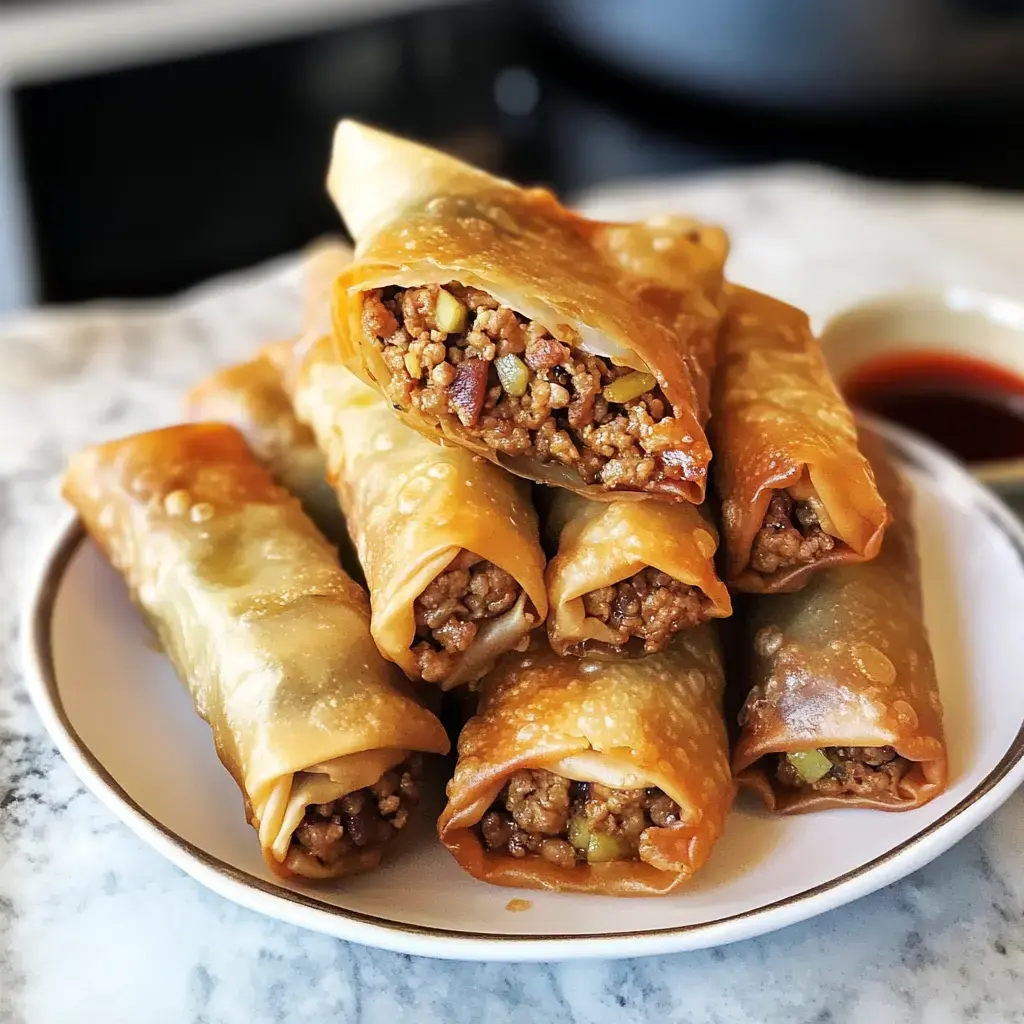 A plate of crispy spring rolls filled with ground meat and vegetables, served with a small dish of sauce on the side.