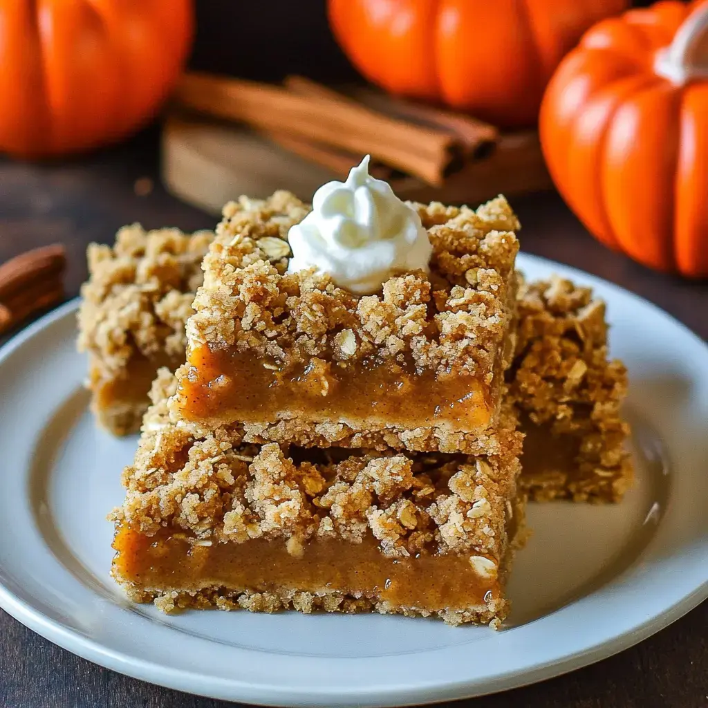 A plate of pumpkin bars topped with whipped cream, surrounded by small pumpkins and cinnamon sticks.