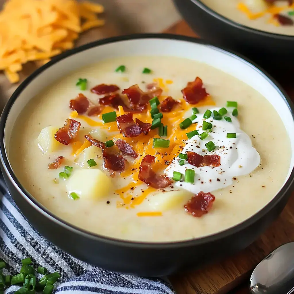 A close-up of a bowl of creamy potato soup topped with crispy bacon, shredded cheese, sour cream, and chopped green onions.