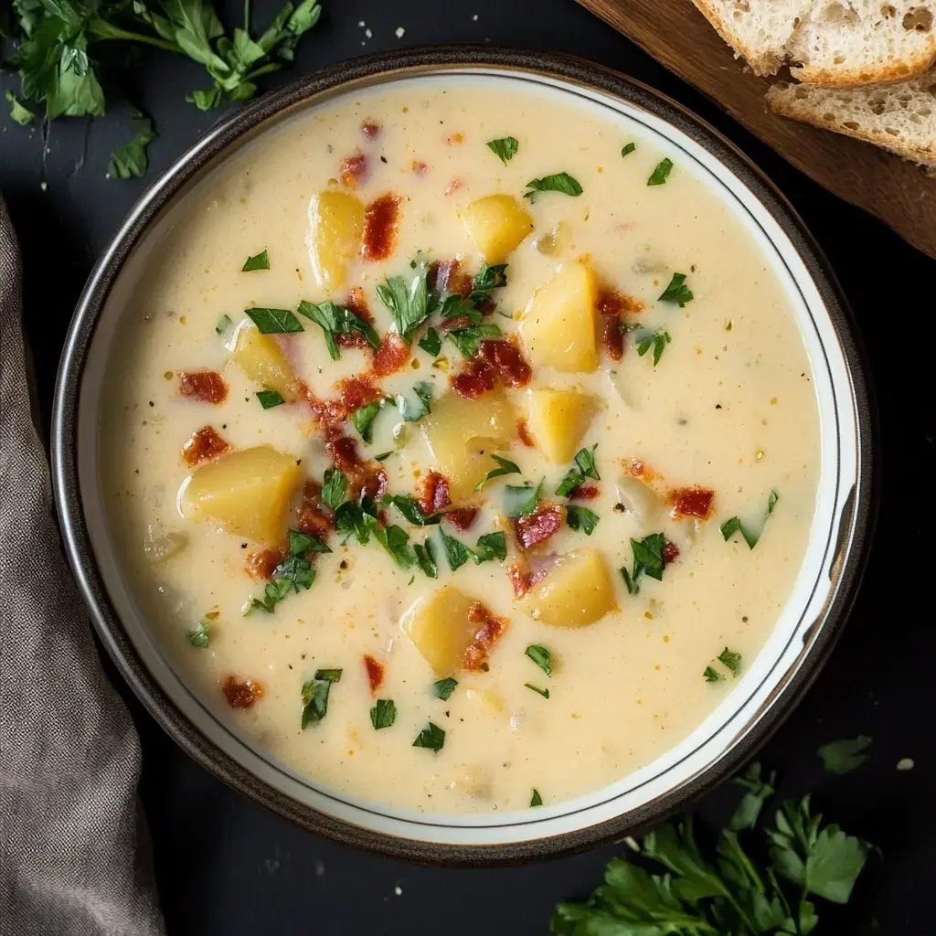 A bowl of creamy potato soup garnished with crispy bacon bits and fresh parsley, accompanied by slices of bread.