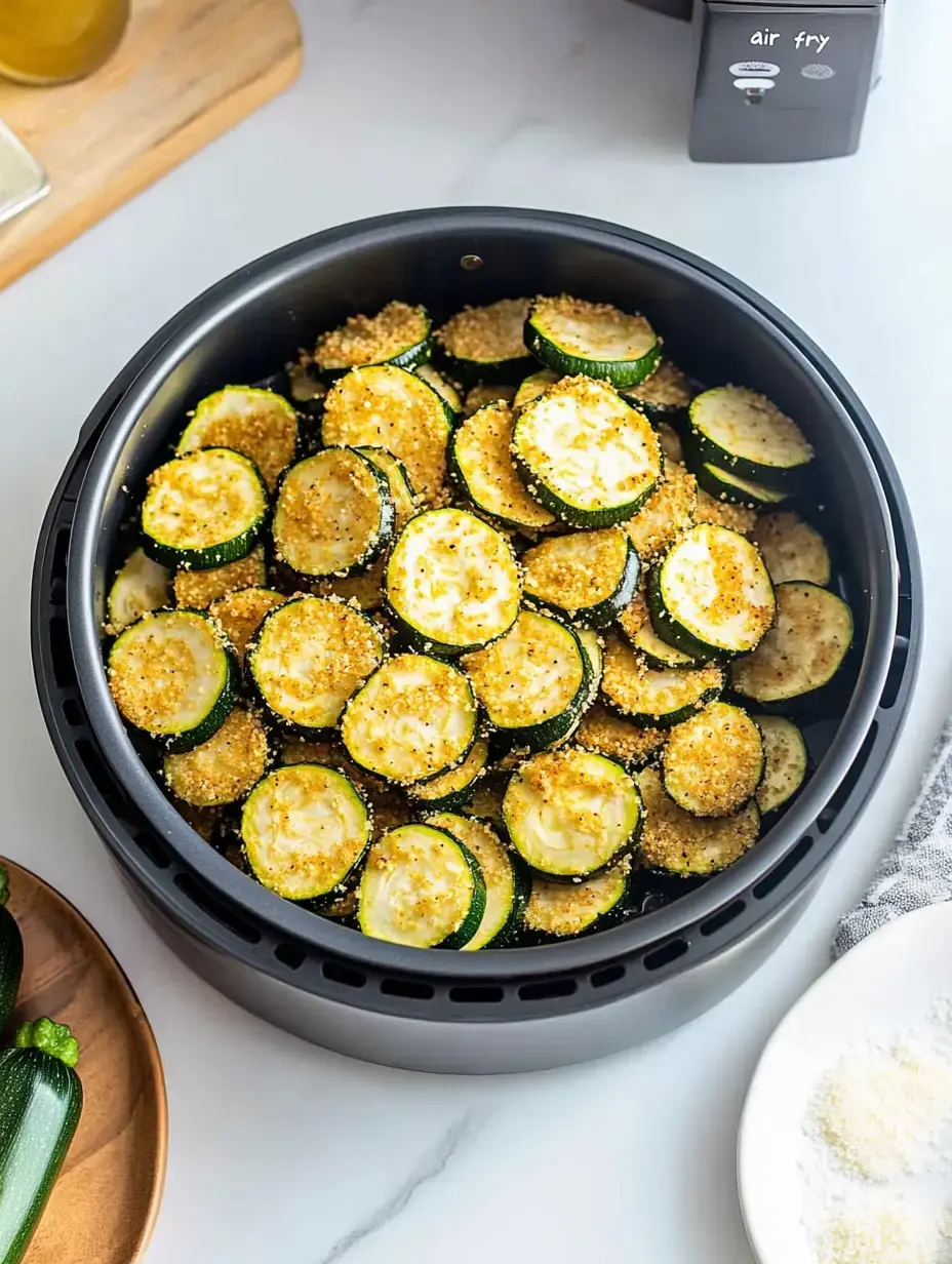 A close-up view of a basket filled with breaded and seasoned zucchini slices, ready for air frying.