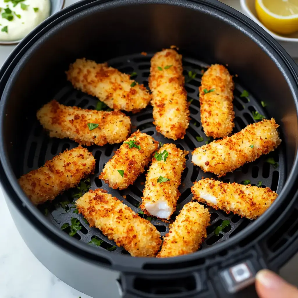 A basket of golden-brown, crispy breaded fish sticks is arranged neatly, garnished with parsley.