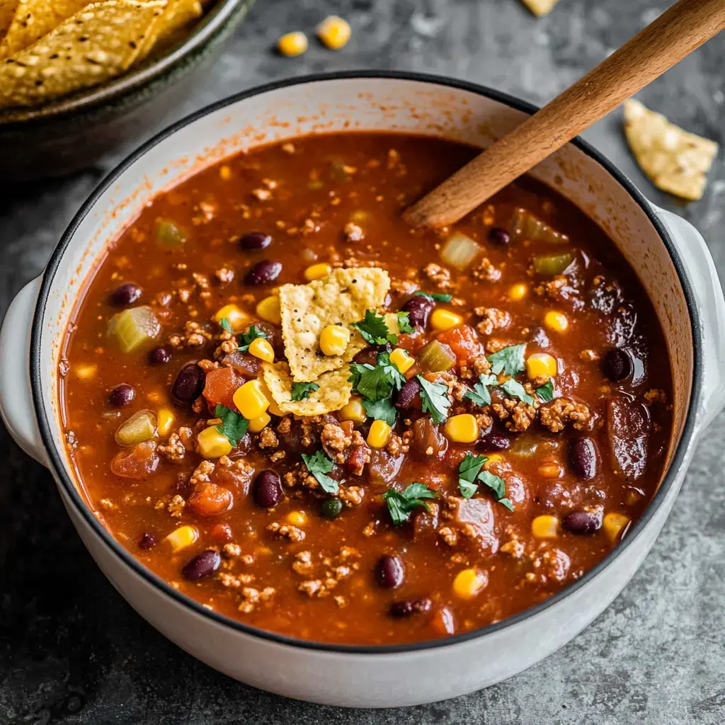 A hearty bowl of chili with ground meat, beans, corn, tomatoes, and cilantro, garnished with tortilla chips, sits on a textured surface.