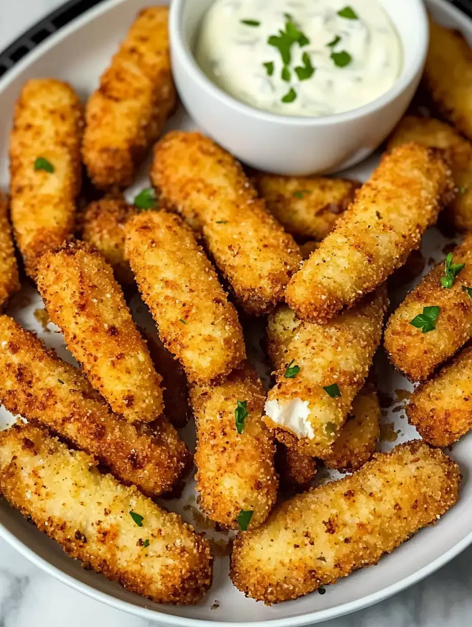 A plate of golden-brown, crispy mozzarella sticks is served alongside a small bowl of creamy dipping sauce.