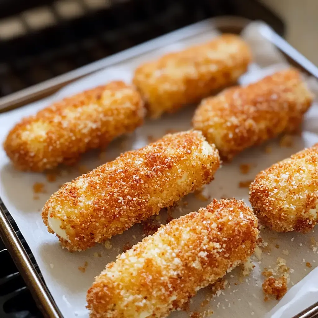 A tray of freshly breaded and fried potato croquettes arranged neatly on parchment paper.