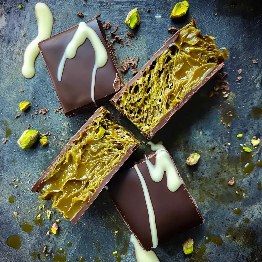 A close-up of chocolate bars with a textured green filling, drizzled with white sauce, and surrounded by crushed pistachios.