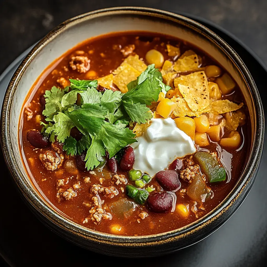 A bowl of hearty chili topped with sour cream, cilantro, corn, tortilla chips, and green onions.