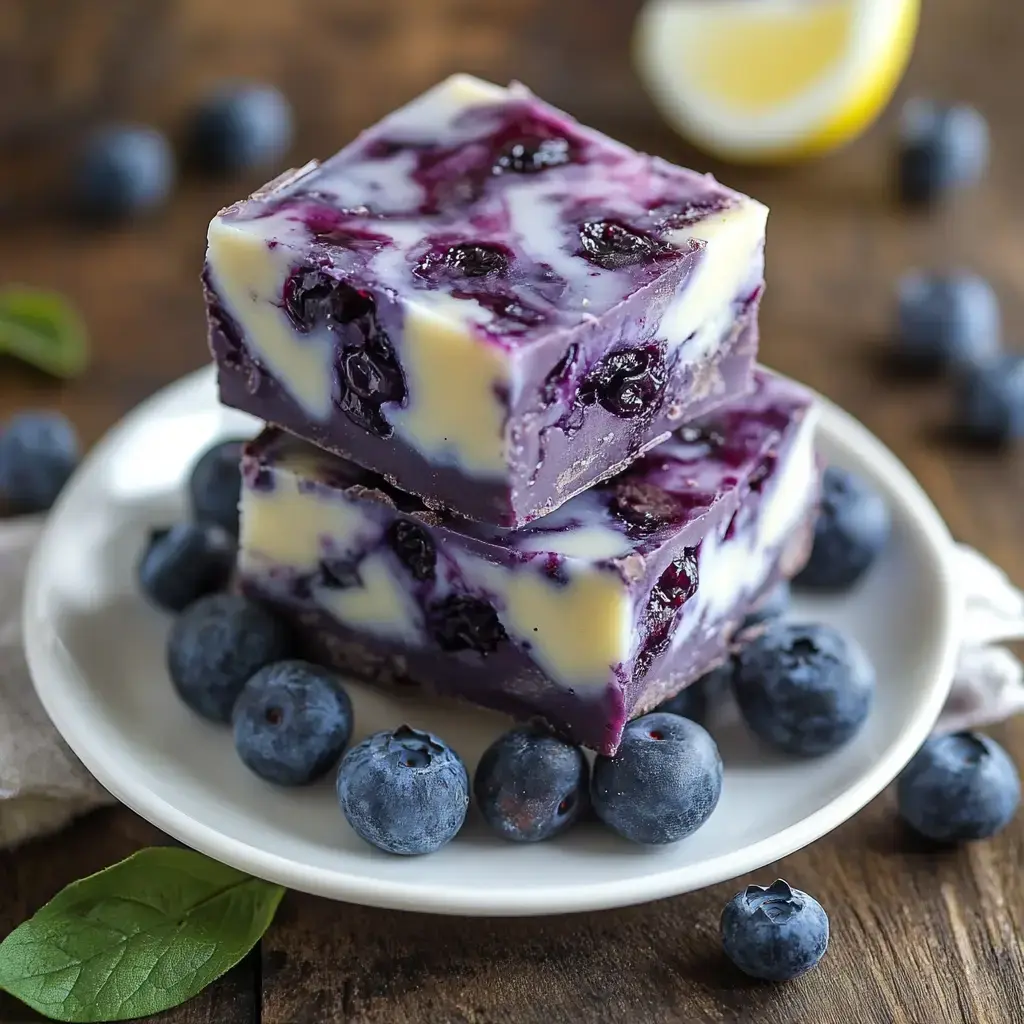 A plate of stacked blueberry cheesecake bars surrounded by fresh blueberries and a wedge of lemon.