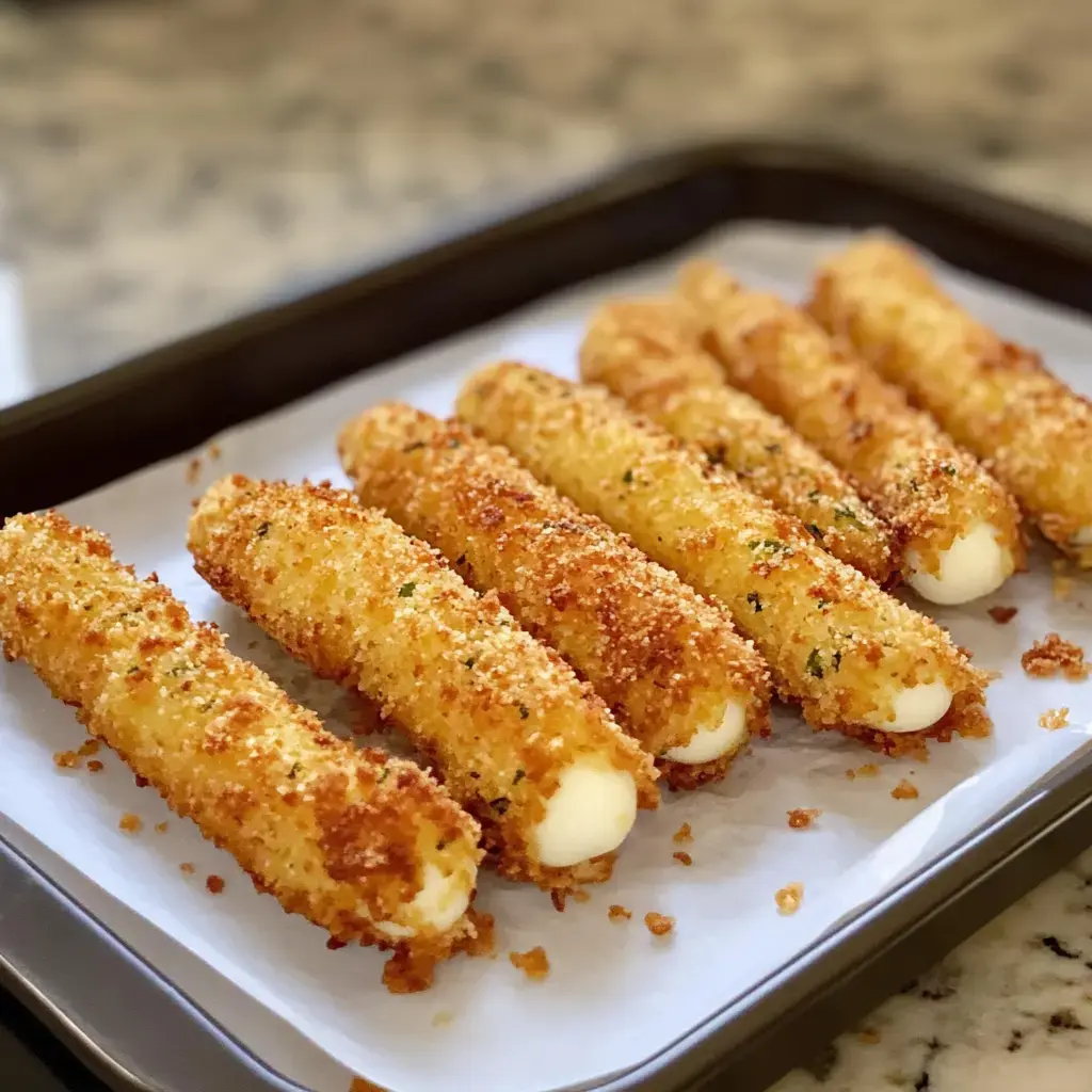 A tray of golden-brown, breaded cheese sticks lined up on parchment paper.