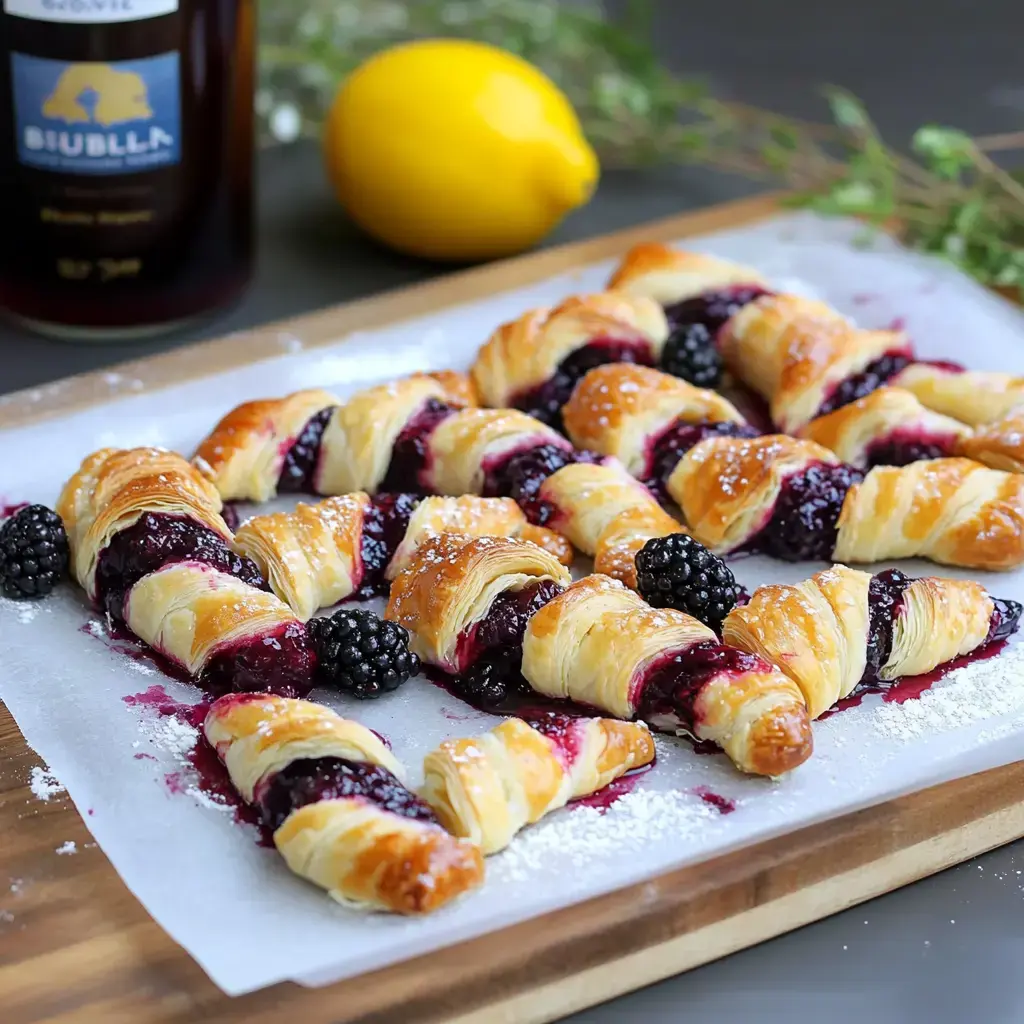 A platter of flaky pastry rolls filled with blackberry jam, garnished with blackberries and powdered sugar, alongside a lemon and a bottle of syrup.