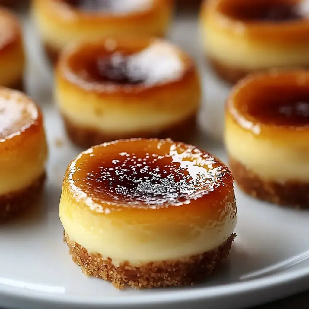 A close-up of small, round caramel-topped cheesecakes with a cookie crust, arranged neatly on a white plate.