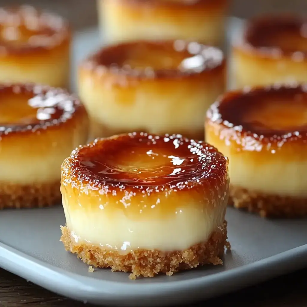 A plate of small, round desserts with a glossy caramel top and a crumbly crust.