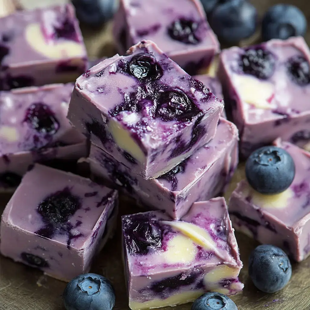 A close-up of purple blueberry fudge cubes with visible blueberries, arranged on a surface.