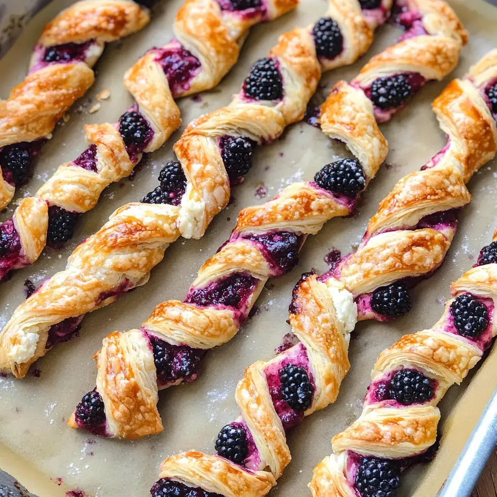 A tray of twisted puff pastry filled with blackberry filling and topped with fresh blackberries.