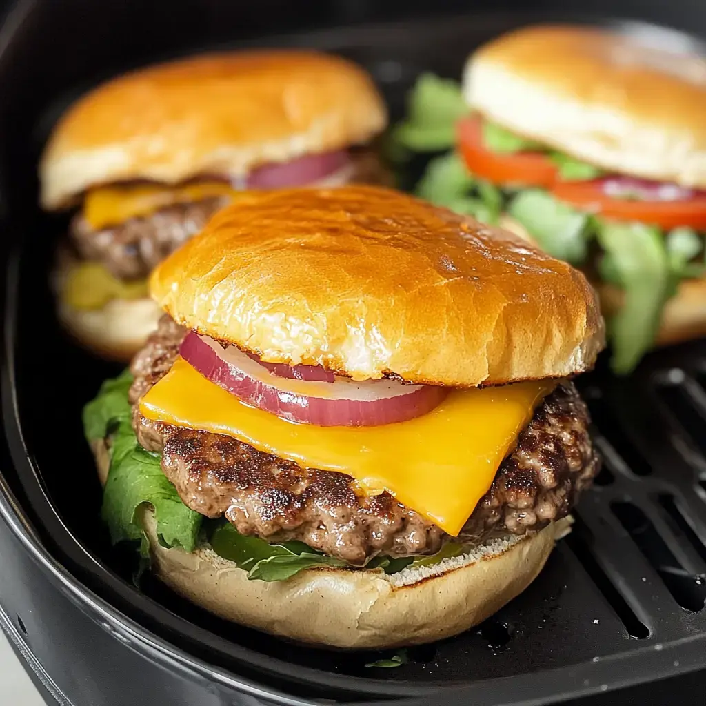 A close-up image of a juicy cheeseburger with cheddar cheese, grilled onions, lettuce, and a toasted bun, placed alongside other burgers in an air fryer.