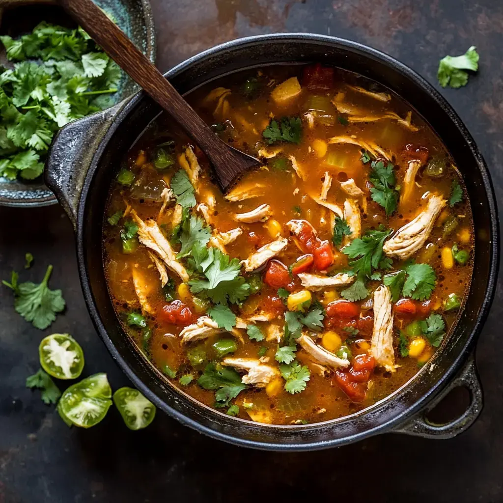 A close-up of a pot of soup filled with shredded chicken, corn, diced tomatoes, and fresh cilantro, alongside a small dish of chopped cilantro and halved green tomatoes.