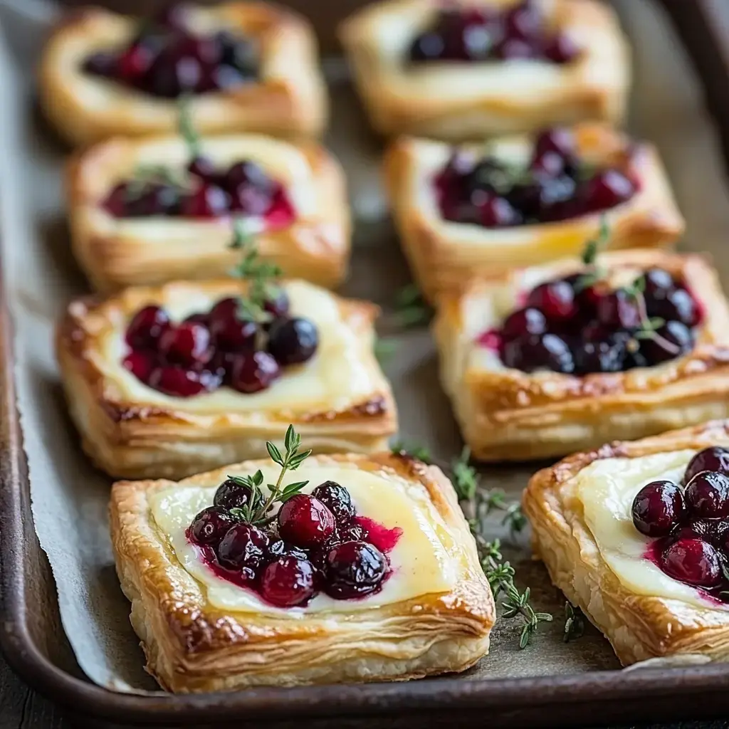 A tray of golden-brown puff pastry squares topped with cream cheese and glazed cranberries, garnished with fresh thyme.