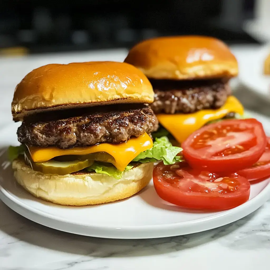 Two cheeseburgers made with grilled beef patties, cheddar cheese, lettuce, and pickles, served with sliced tomatoes on a plate.