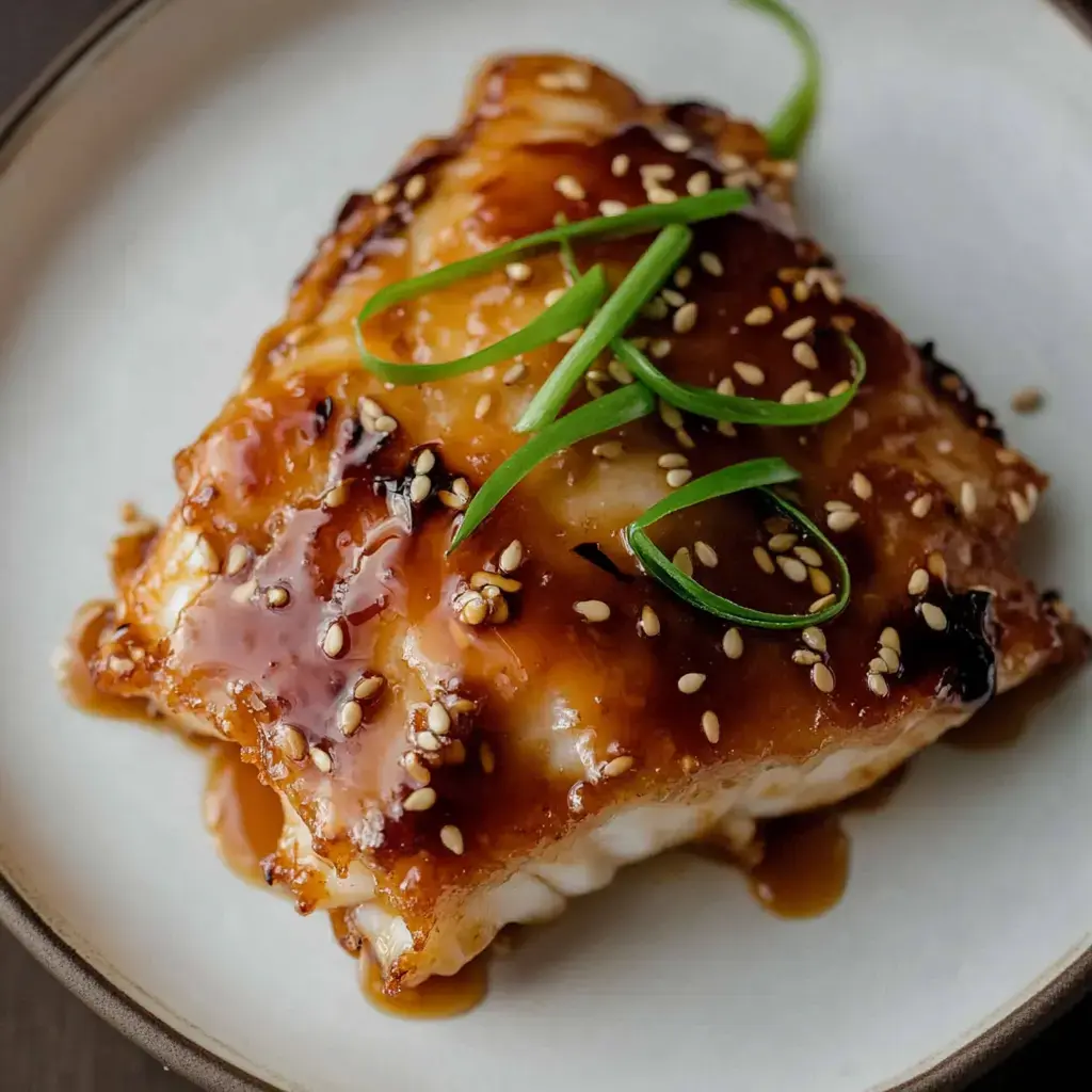 A beautifully glazed piece of fish topped with green onions and sesame seeds, served on a white plate.