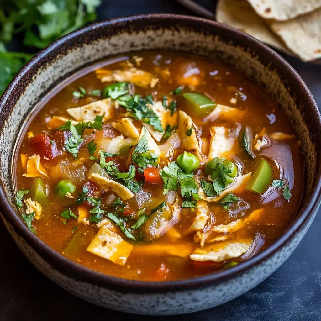 A close-up of a bowl of soup with shredded chicken, diced tomatoes, green bell peppers, and fresh cilantro on top.