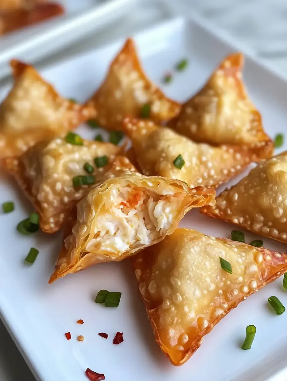 A plate of crispy fried dumplings is shown, with one halved to reveal a creamy filling, surrounded by chopped green onions and red pepper flakes.