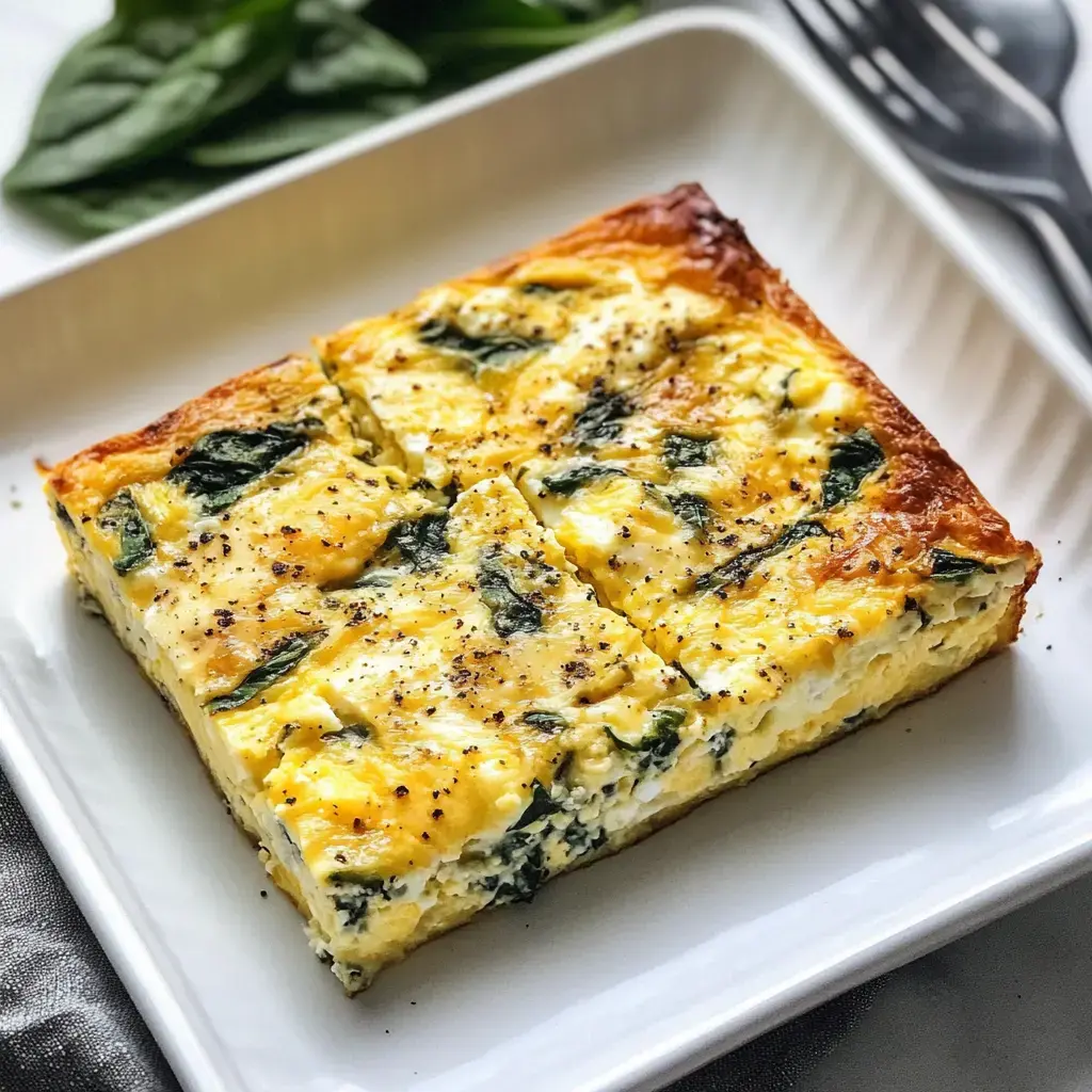 A baked spinach and egg dish cut into squares on a white plate, with fresh spinach leaves in the background.