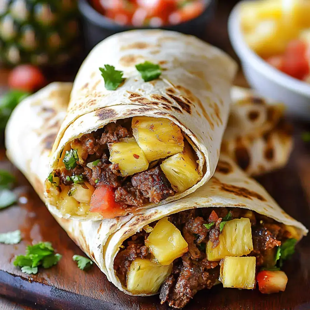 Two tortillas filled with seasoned beef, pineapple, and cilantro, sitting on a wooden board, with additional garnishes and a bowl of salsa in the background.