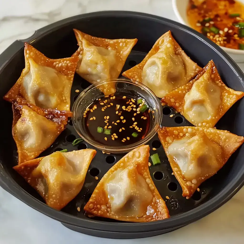 A plate of crispy dumplings arranged around a small bowl of dipping sauce, featuring sesame seeds and chopped green onions.