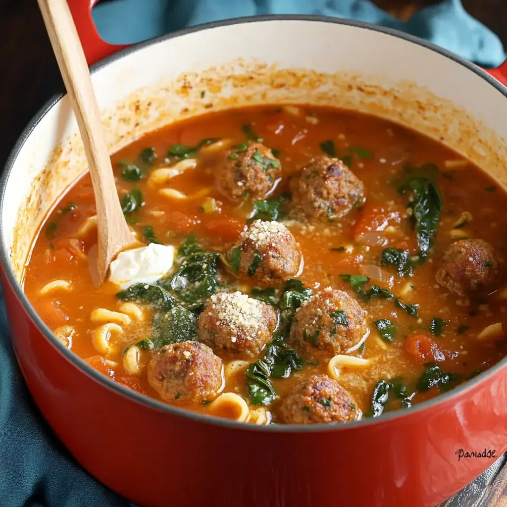 A red pot filled with meatball soup containing pasta, spinach, and diced tomatoes, stirred with a wooden spoon.