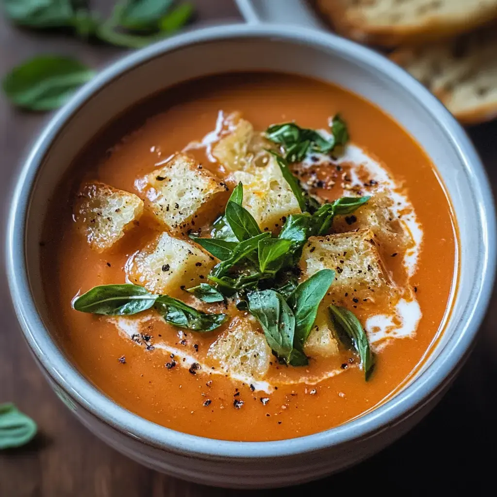 A bowl of creamy tomato soup garnished with croutons and fresh basil leaves.