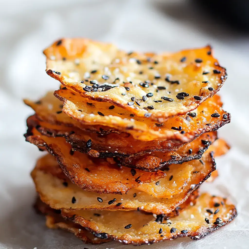 A stack of crispy, golden-brown chips sprinkled with black sesame seeds.