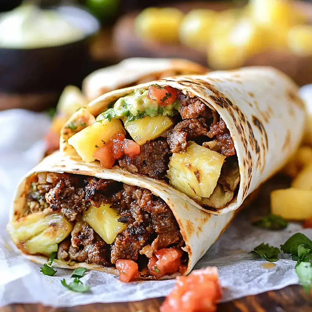 A close-up of two grilled burritos filled with seasoned meat, pineapple, tomatoes, and guacamole, resting on a wooden surface.