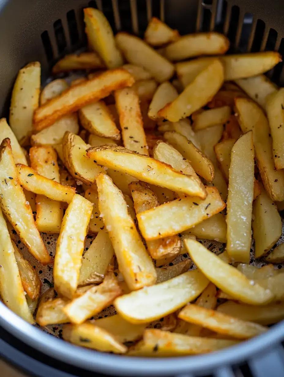 A close-up view of golden-brown, crispy French fries inside an air fryer.