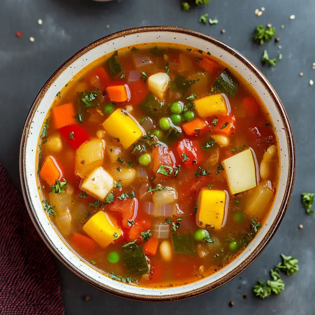 A bowl of colorful vegetable soup filled with various diced vegetables and garnished with herbs.