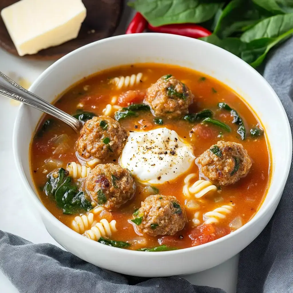 A bowl of hearty soup with meatballs, spinach, and pasta, garnished with a dollop of sour cream and served with butter in the background.