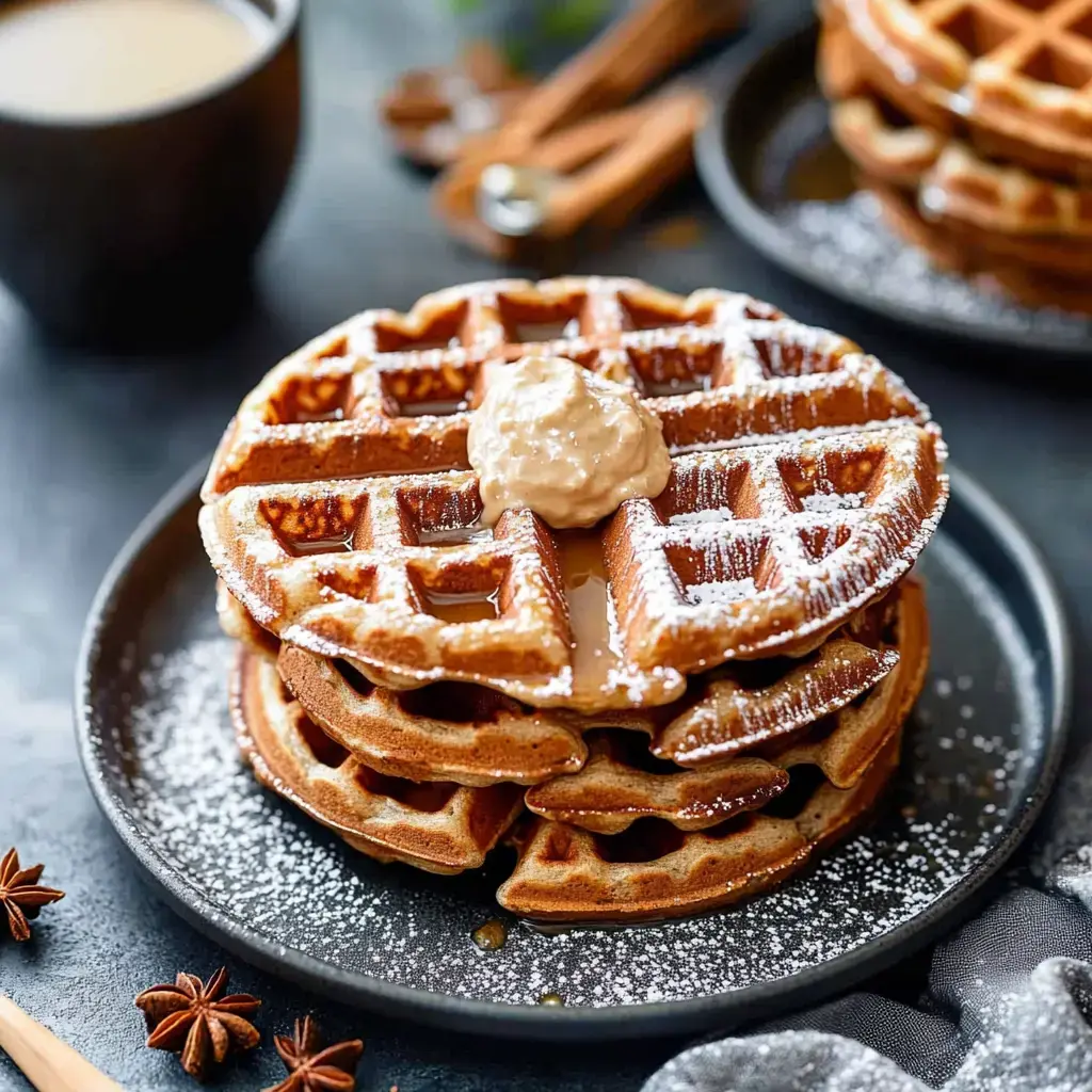 A stack of golden-brown waffles topped with a dollop of cream and drizzled with syrup, served on a dark plate with a cup of beverage in the background.