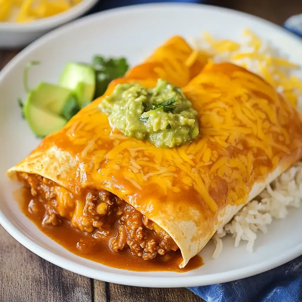 A plate of cheesy enchiladas topped with green sauce and served with rice and avocado slices.