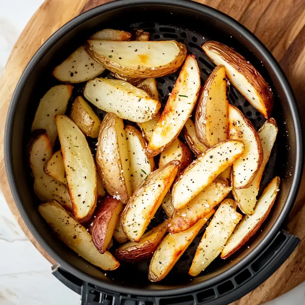 A bowl of perfectly cooked and seasoned potato wedges, featuring a golden brown exterior and a hint of black pepper.