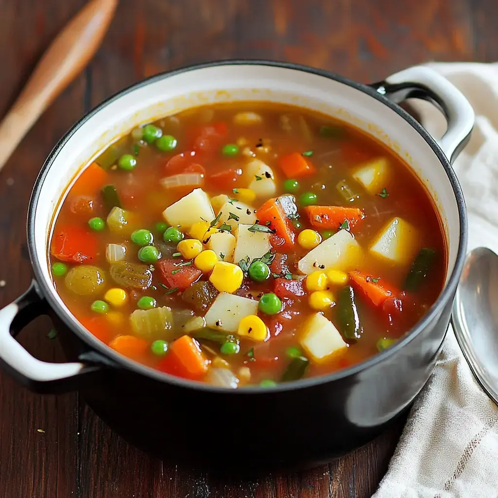 A black pot filled with colorful vegetable soup, featuring pieces of potato, carrots, corn, and green peas, set on a wooden surface with a spoon nearby.